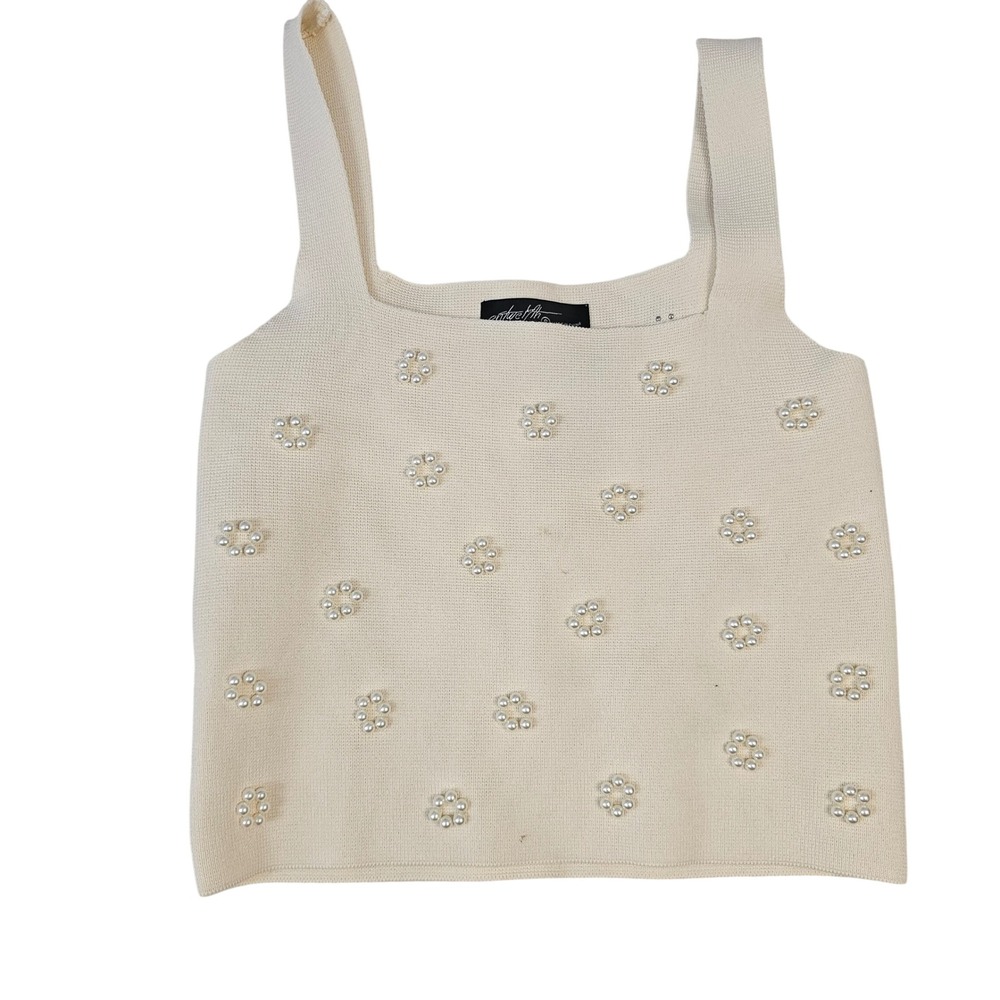 On Twelfth Cream Knit Pearl Flower Tank Top Square Neck Sleeveless Small